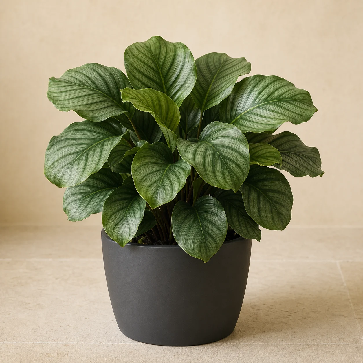 Calathea compacta de hojas ornamentales en maceta de vivero