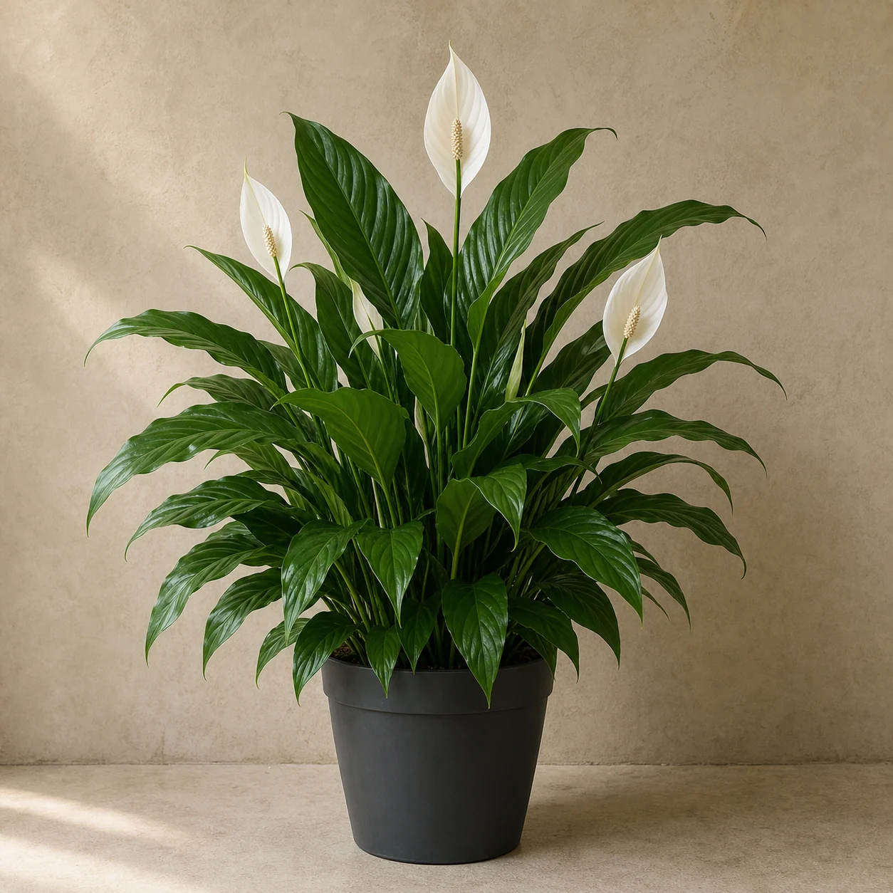 Spathiphyllum de hojas verdes y espatas blancas en maceta de vivero