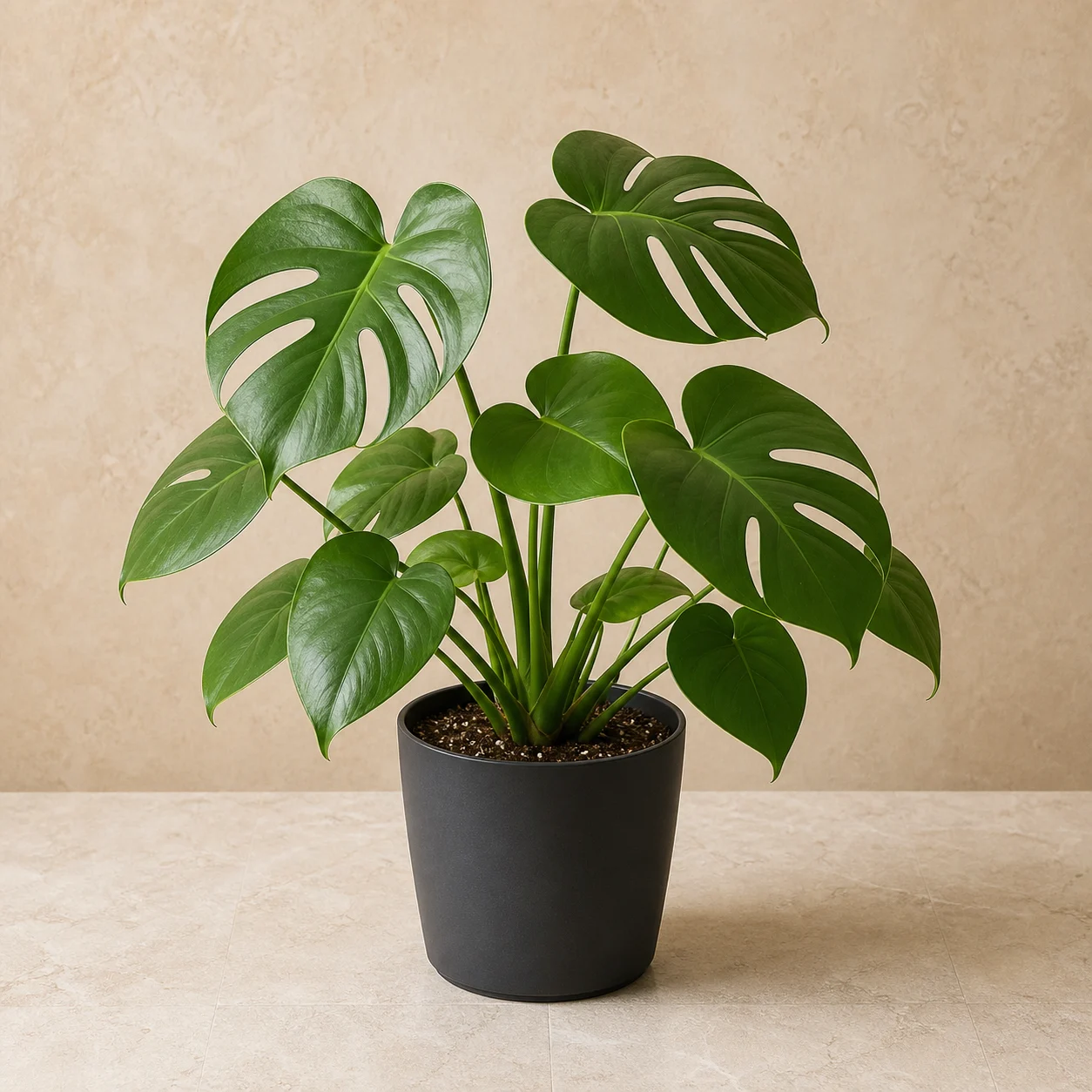 Monstera joven de hojas fenestradas en maceta de vivero