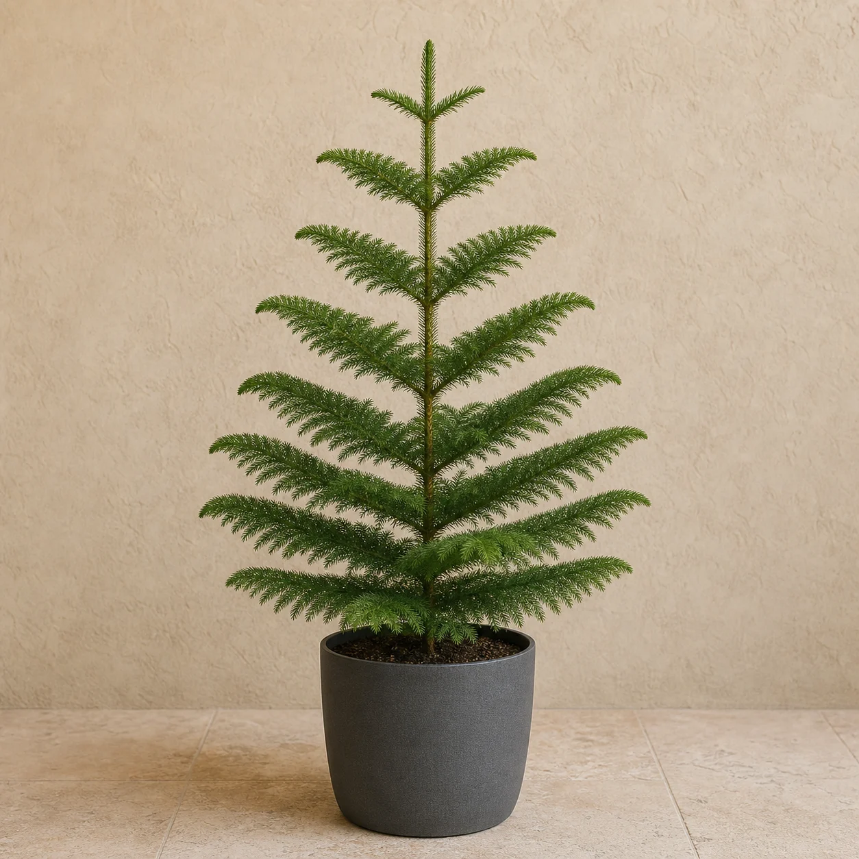 Araucaria joven de ramas escalonadas en maceta de vivero