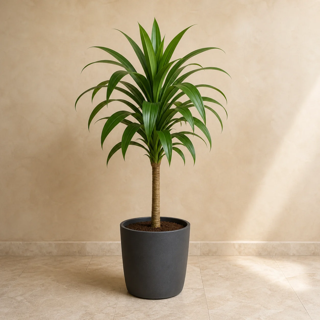 Dracena de tronco y roseta verde en maceta de vivero