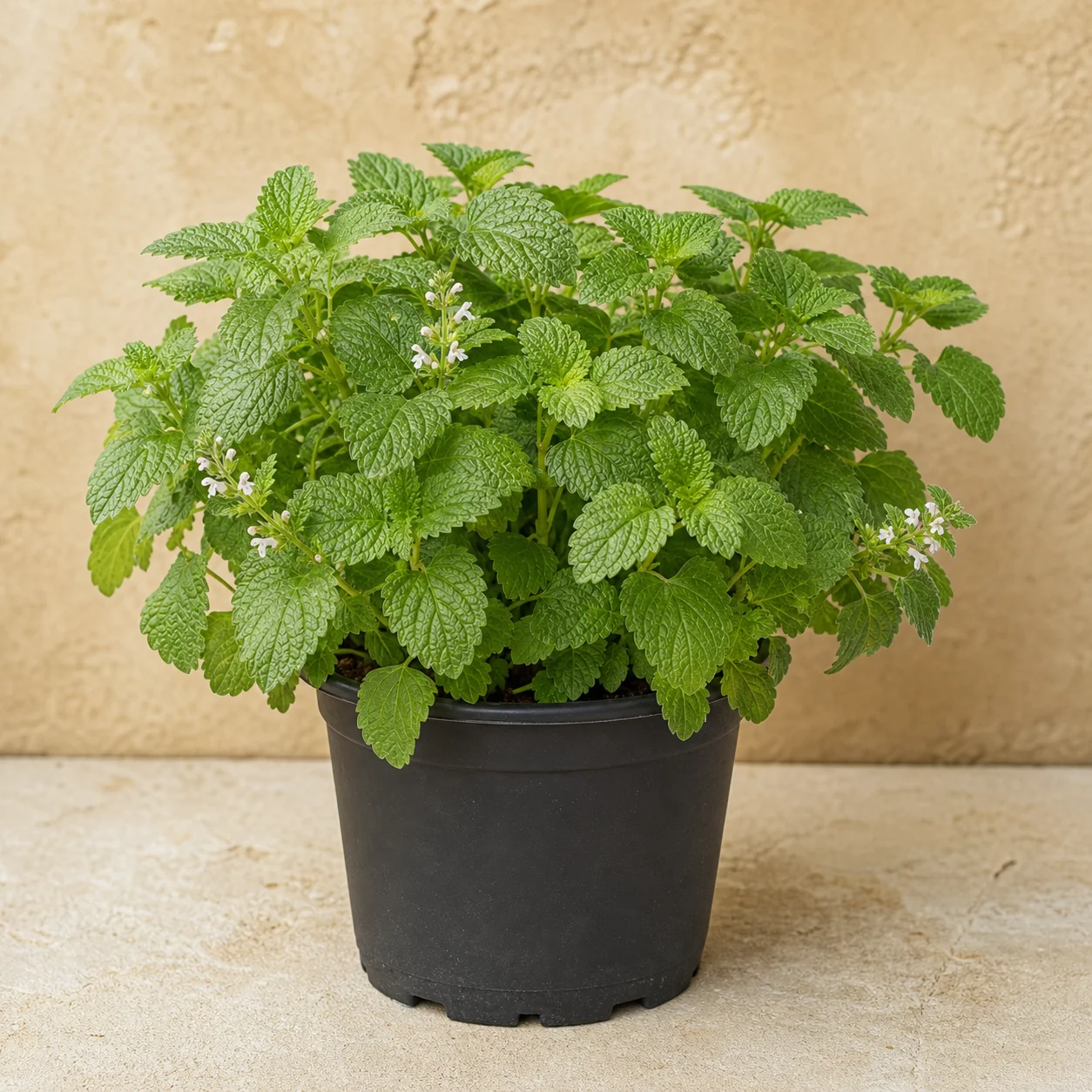 Melissa officinalis de hojas ovadas dentadas y flores blancas en maceta de vivero