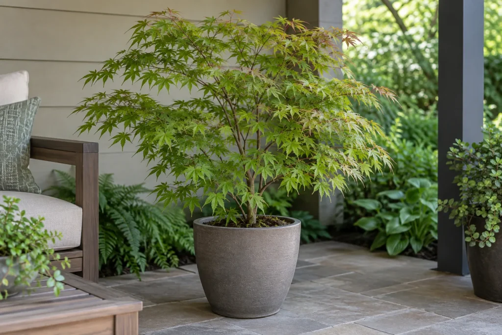 Acer palmatum en maceta bajo sombra luminosa en un patio