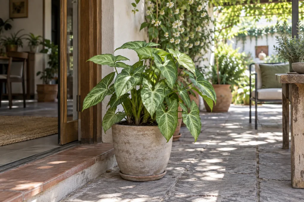 Syngonium en maceta bajo luz filtrada en un patio