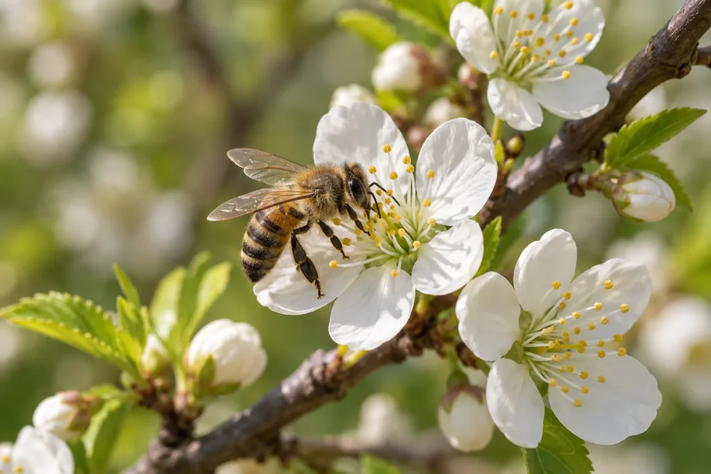 Abeja visita una flor blanca en una rama de ciruelo
