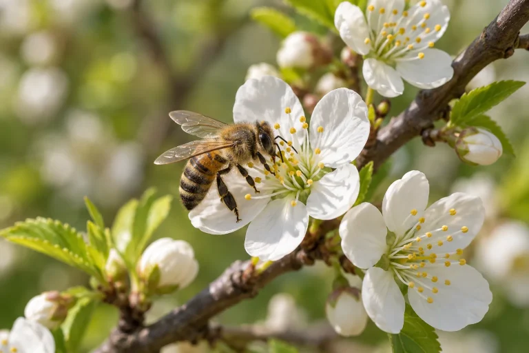 Abeja visita una flor blanca en una rama de ciruelo
