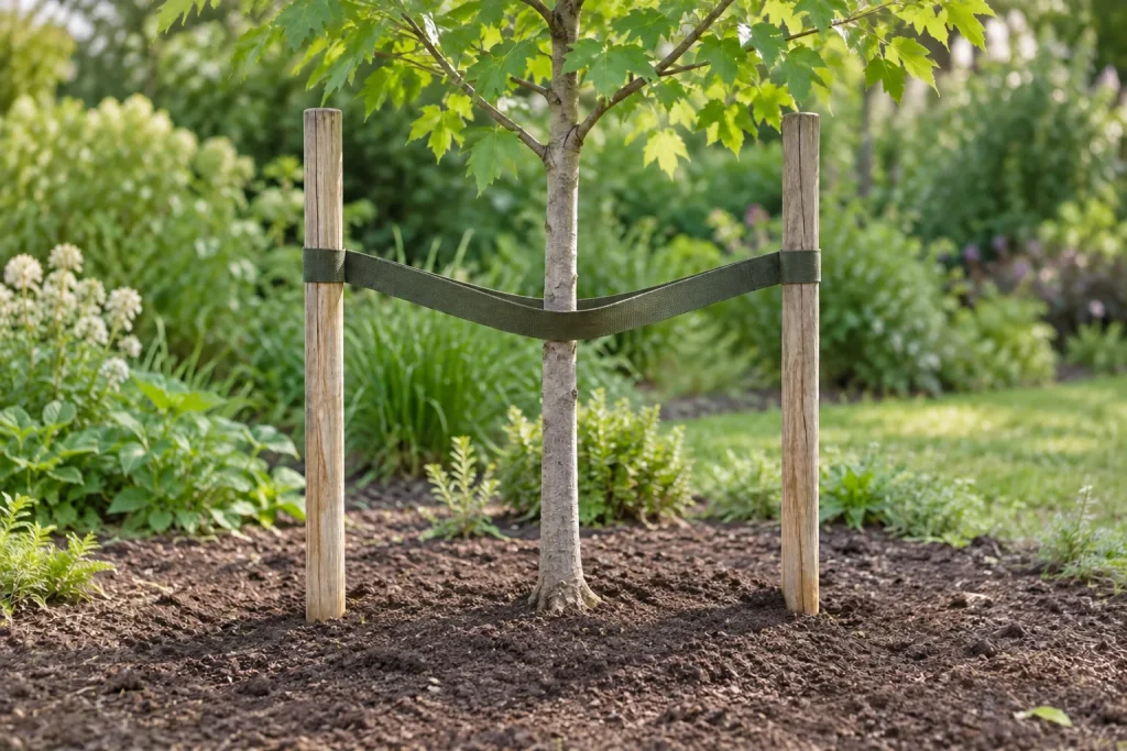 Árbol joven recién plantado con el ensanchamiento basal visible a nivel del suelo, dos estacas y una atadura ancha y holgada