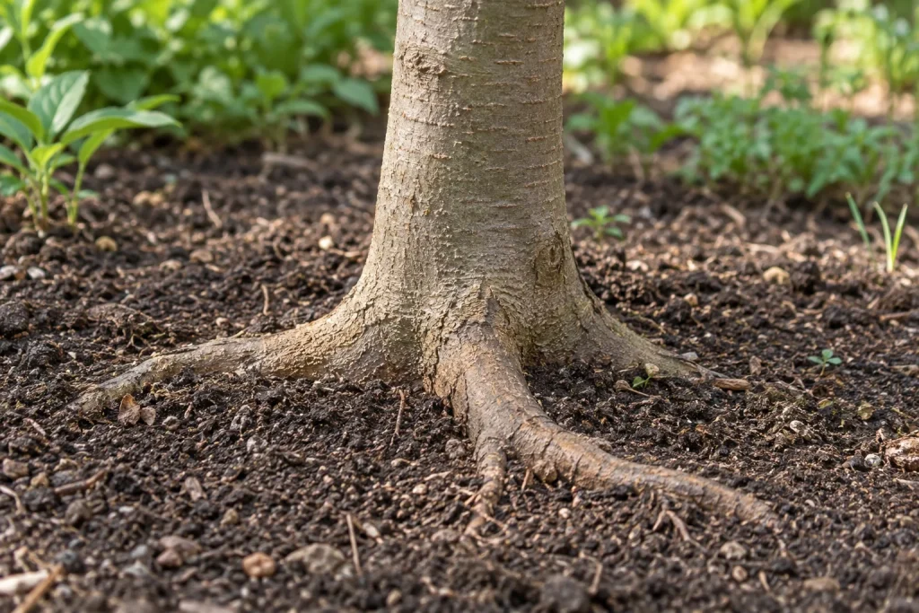 Base de un árbol con un ensanchamiento gradual y raíces laterales que se extienden hacia el suelo