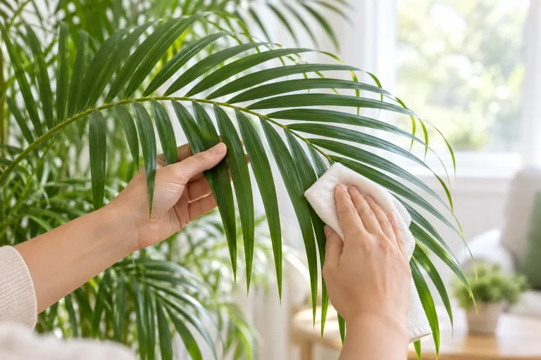 Foliolos de una fronde de areca sostenidos mientras se limpian con un paño suave