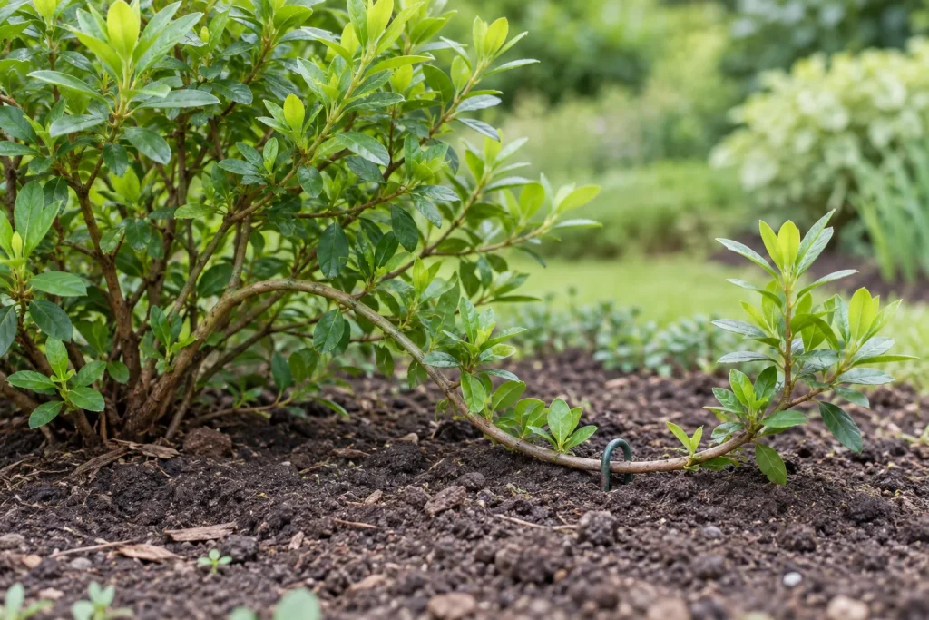 Rama flexible de azalea apoyada sobre el sustrato mientras sigue unida a la planta madre