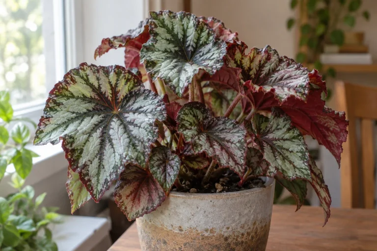 Hojas plateadas, verdes y bordó de una Begonia Rex junto a una ventana