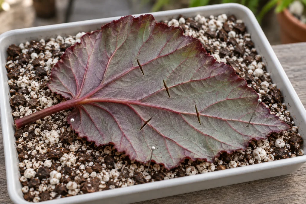 Hoja de Begonia Rex con pequeños cortes en las venas, apoyada sobre sustrato de propagación