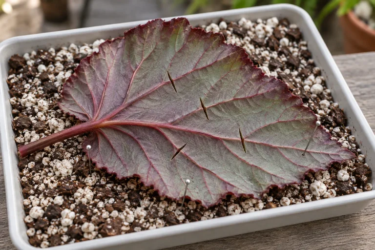 Hoja de Begonia Rex con pequeños cortes en las venas, apoyada sobre sustrato de propagación