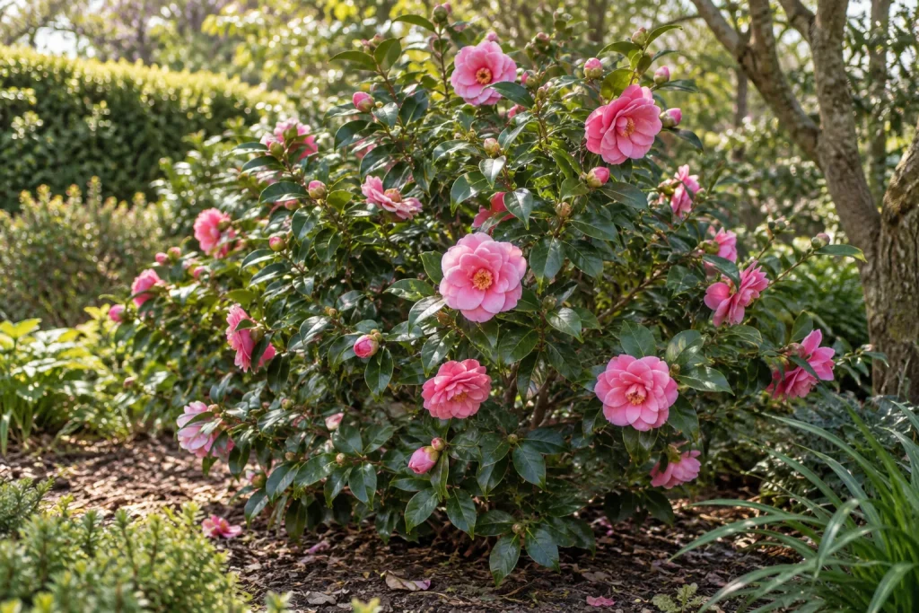 Camelia con flores rosadas abiertas en un cantero