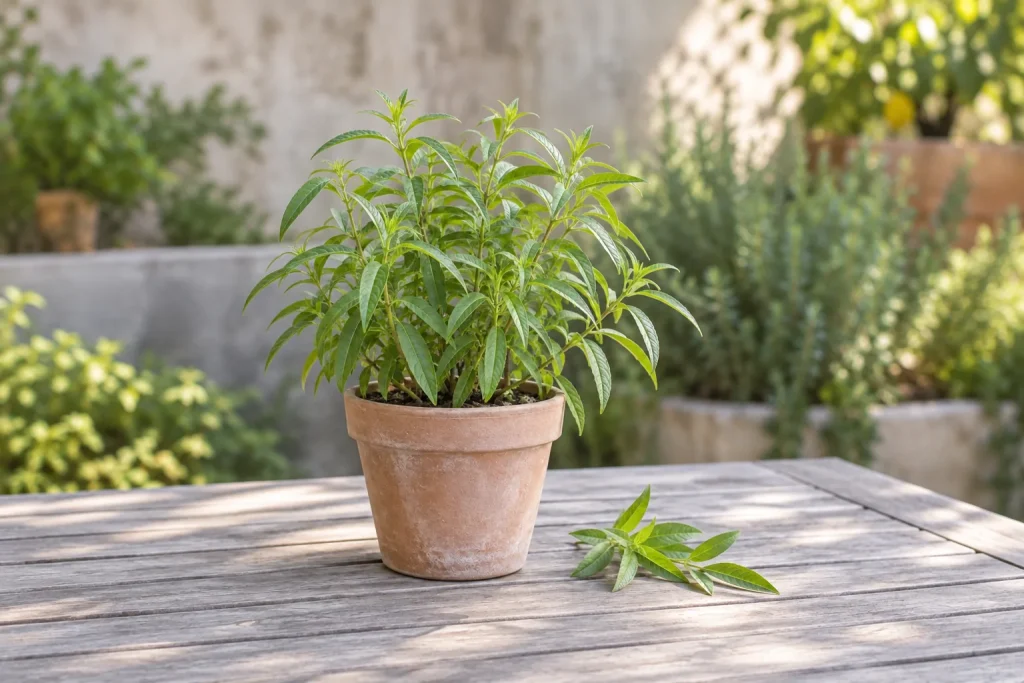 Planta de cedrón de hojas angostas en una maceta, junto a un pequeño brote cosechado