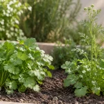 Dos plantas de cilantro: una en roseta compacta y otra con un tallo floral en desarrollo