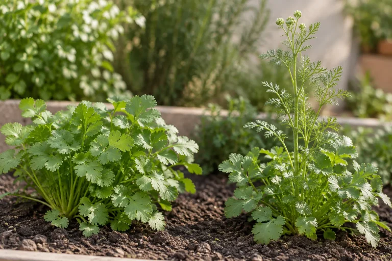 Dos plantas de cilantro: una en roseta compacta y otra con un tallo floral en desarrollo