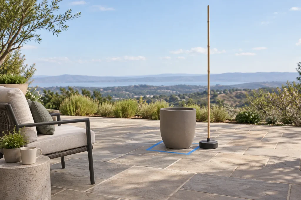 Maqueta de patio con silla, maceta vacía, vara vertical y huella de cinta en el piso