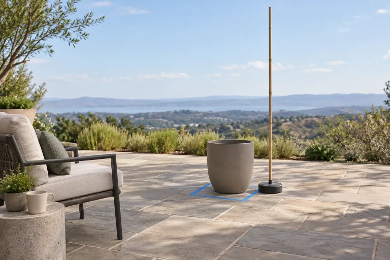 Maqueta de patio con silla, maceta vacía, vara vertical y huella de cinta en el piso