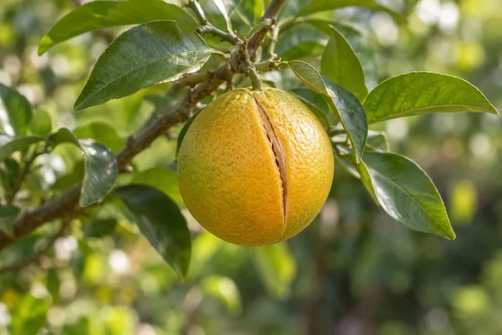 Fruto cítrico con una rajadura en la cáscara, aún unido a una rama con hojas verdes