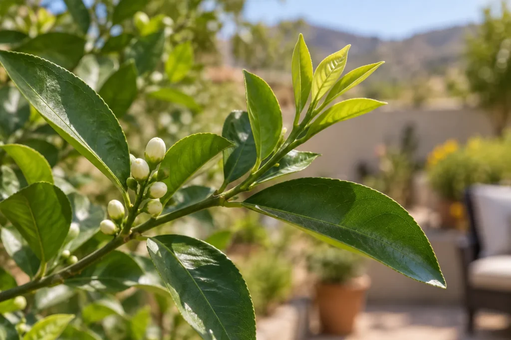 Rama de cítrico con hojas nuevas y botones florales en desarrollo