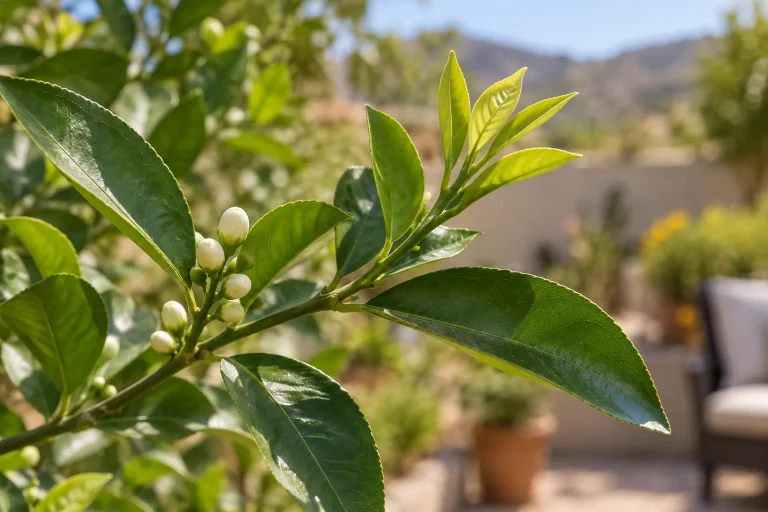 Rama de cítrico con hojas nuevas y botones florales en desarrollo