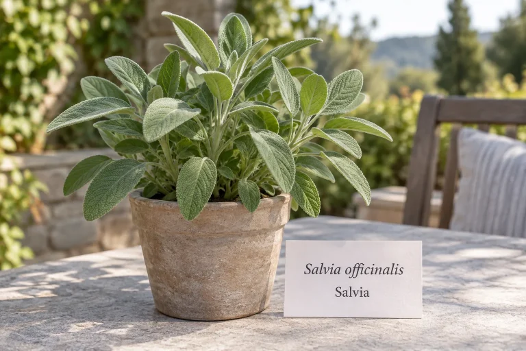 Planta de salvia en maceta junto a un rótulo que dice Salvia officinalis y Salvia
