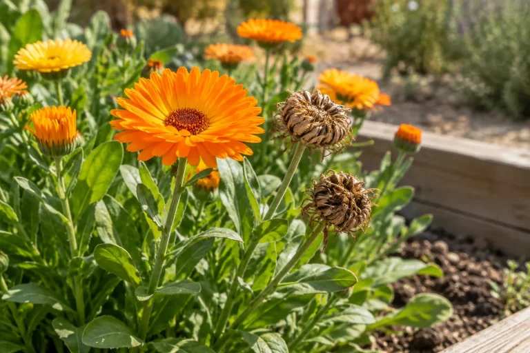 Flores frescas de caléndula junto a cabezas secas que permanecen en la planta
