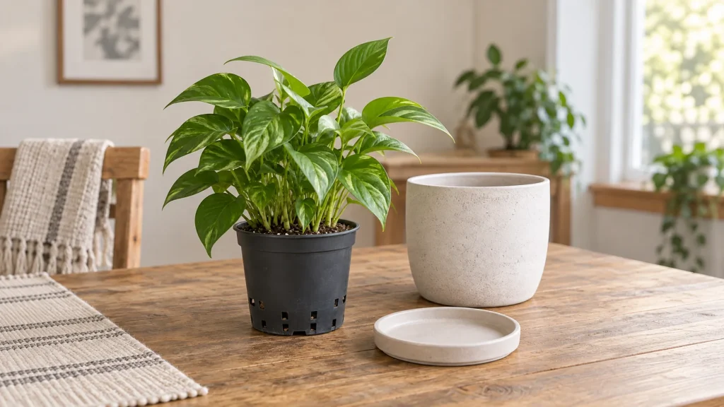 Planta de interior completa en su maceta plástica perforada junto a un cubremaceta decorativo vacío y una bandeja seca