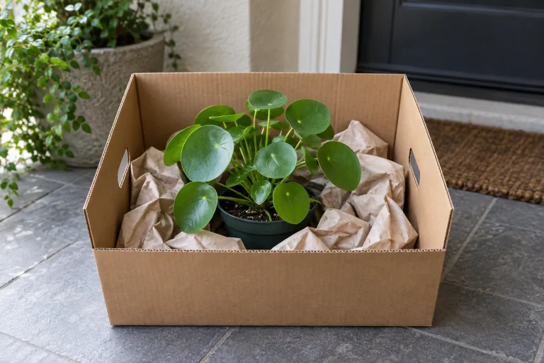 Planta de Pilea en una caja estable con papel alrededor de la maceta, junto a una puerta