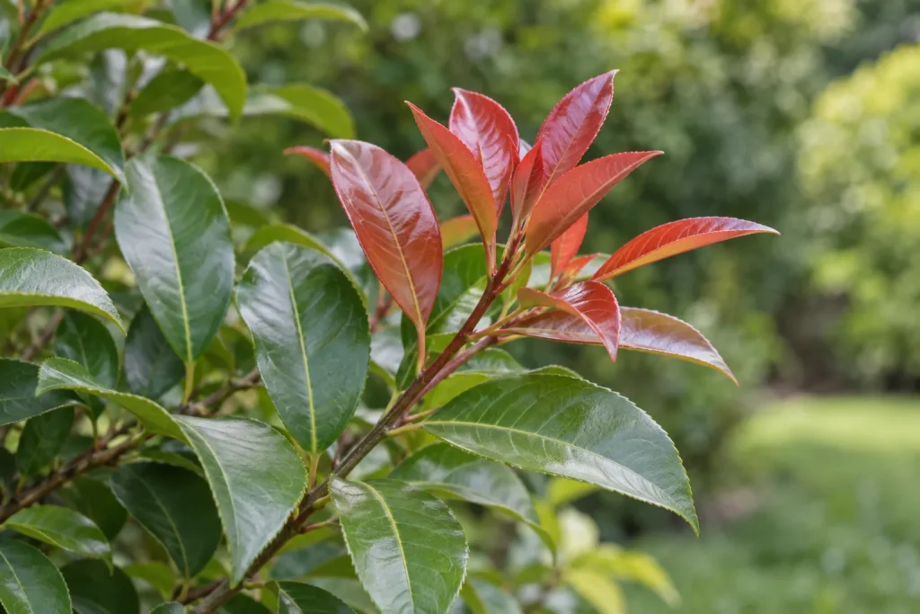 Brotes de Photinia con hojas nuevas rojo-bronce junto a hojas maduras verdes