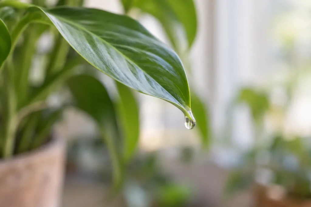 Hoja verde con una gota transparente en su punta