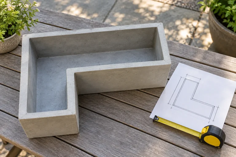 Jardinera vacía con cavidad interior en forma de L junto a un croquis y una cinta métrica