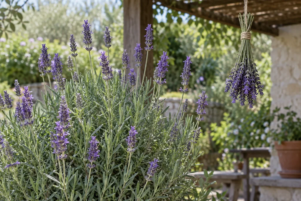 Espigas violetas de lavanda en una planta junto a un pequeño ramo colgado boca abajo para secar