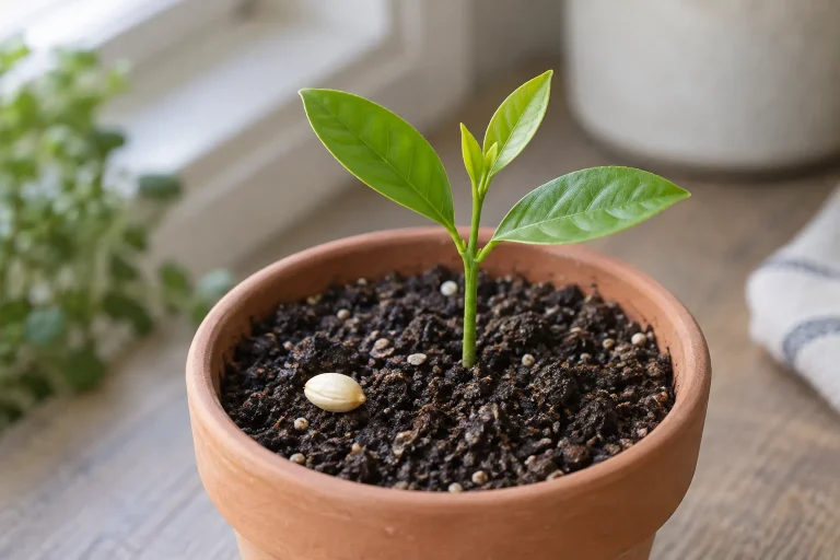Semilla de limón junto a una plántula joven en maceta