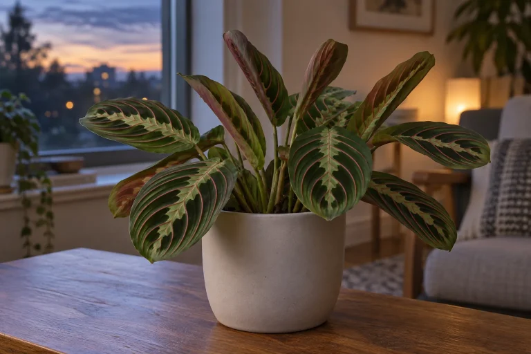 Maranta en maceta con hojas elevadas al anochecer