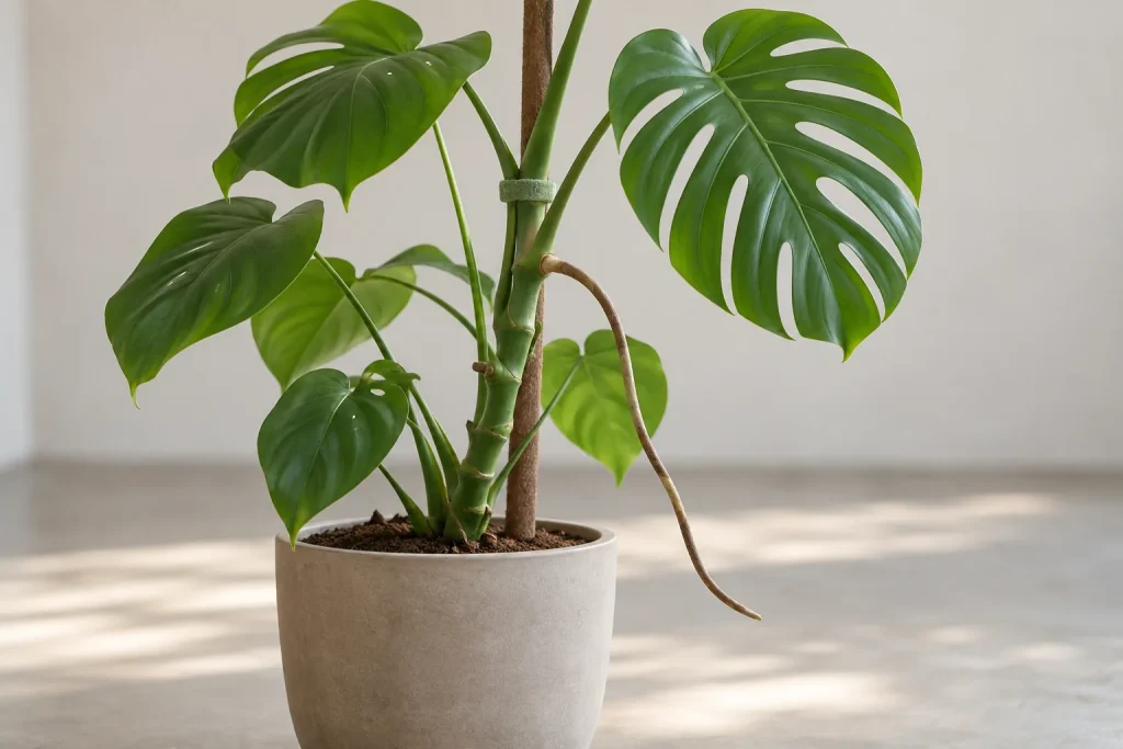 Monstera en maceta con una raíz aérea de extremo libre junto a un tutor