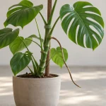 Monstera en maceta con una raíz aérea de extremo libre junto a un tutor