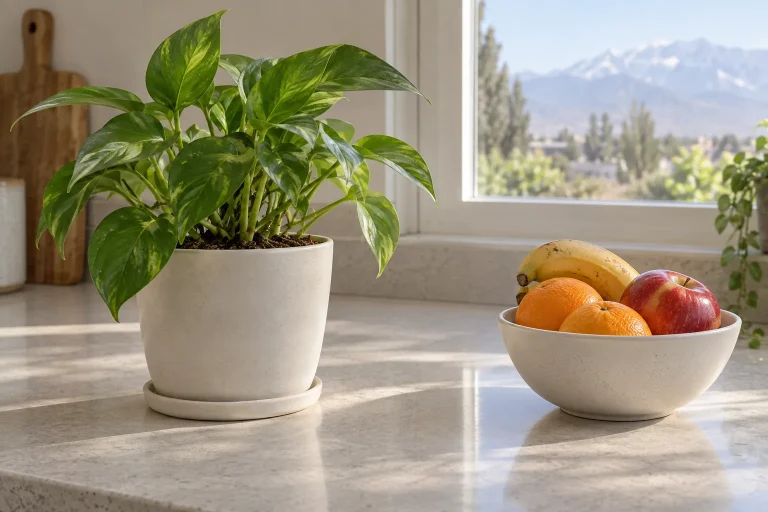 Planta de interior en una maceta y un frutero separados sobre una mesa