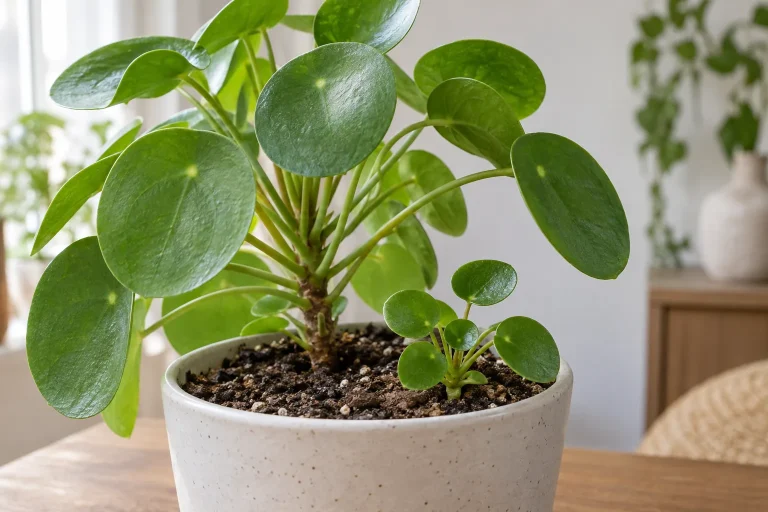 Hijuelo basal de Pilea junto a la planta madre antes de separarlo