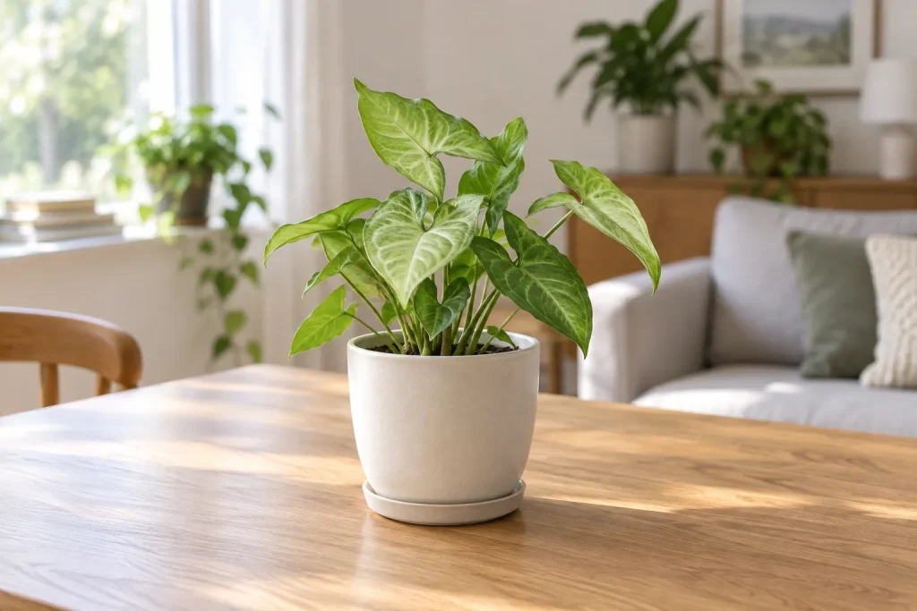 Syngonium sano en maceta, separado de otras plantas en una mesa luminosa