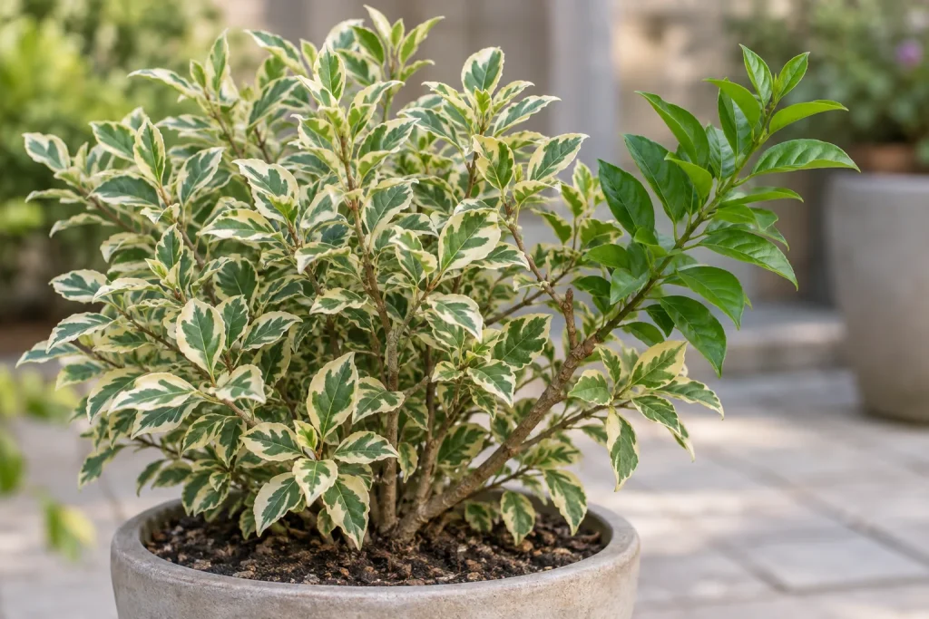 Rama de hojas verdes en un arbusto de follaje variegado