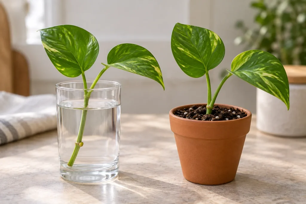 Dos esquejes de pothus: uno con el nudo en agua y otro en sustrato