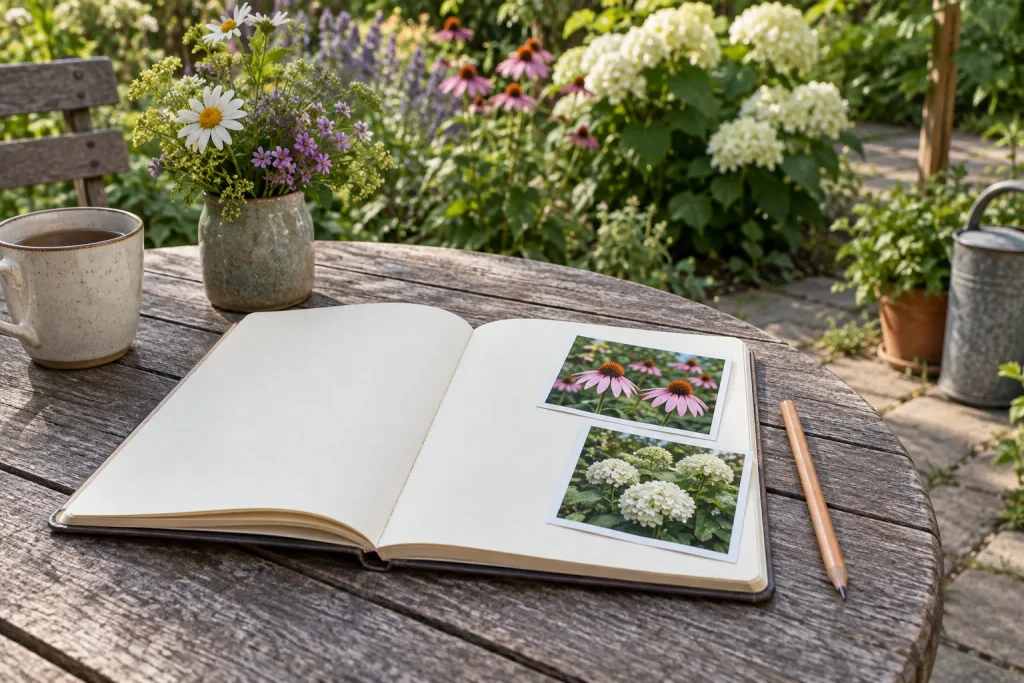 Cuaderno de jardín abierto con fotos de flores y lápiz sobre una mesa exterior