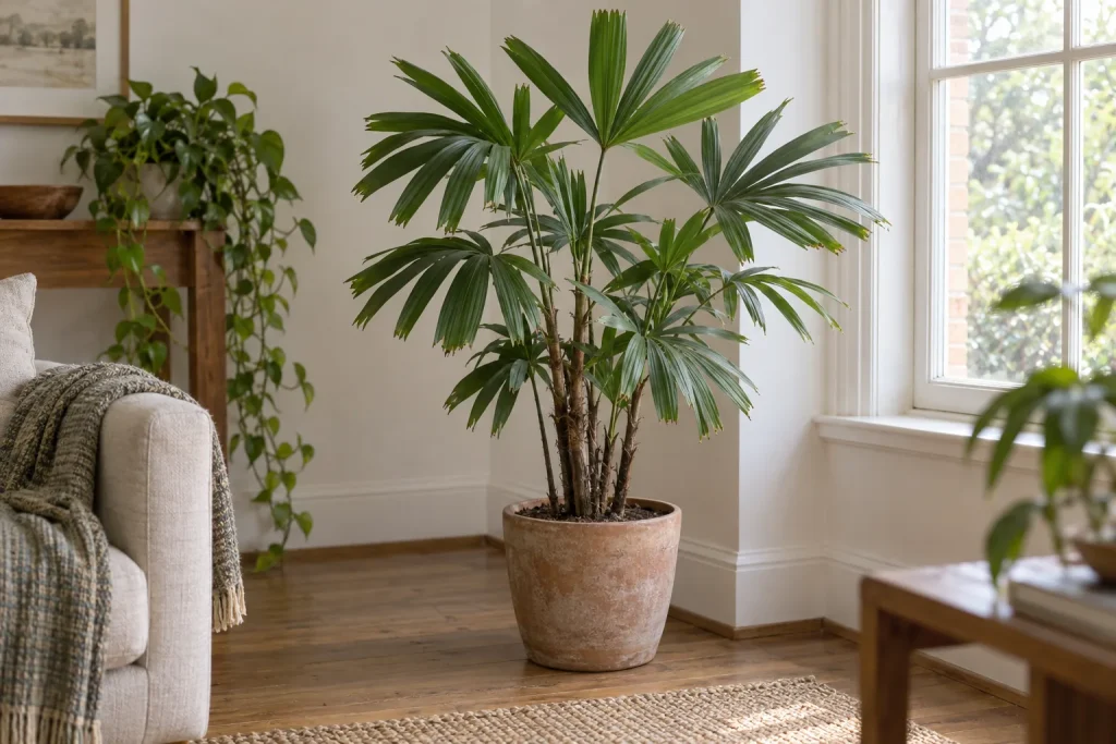 Rhapis en interior: elegir luz y espacio para una palmera lenta