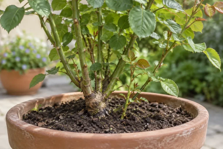 Base de un rosal en maceta con tallos maduros y un brote joven