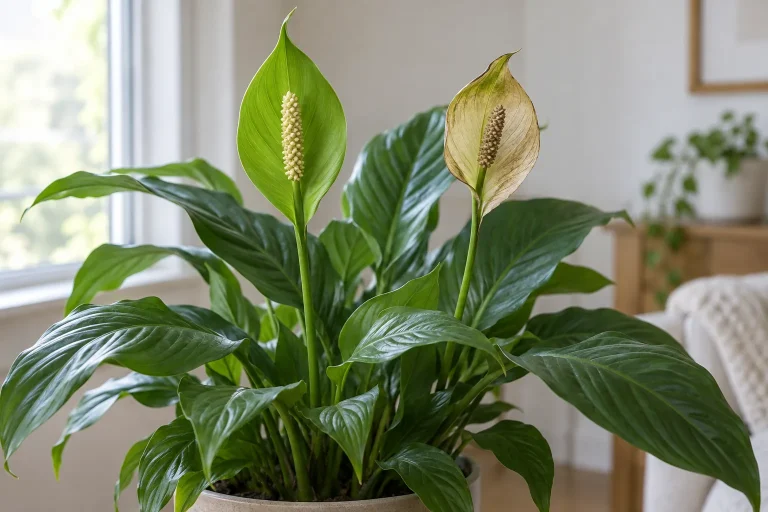Spathiphyllum con una espata verde firme y otra en proceso de envejecimiento