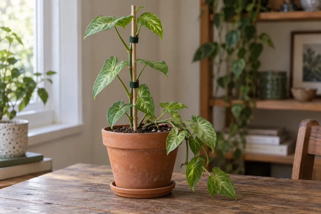 Syngonium con un tallo sujeto a una vara y otro que cae por el borde de la maceta